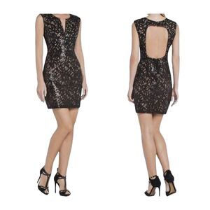 BCBGMAXAZRIA Kaya‎ Black Sequin V Neck Open Back Cocktail Evening Dress 8 PETITE